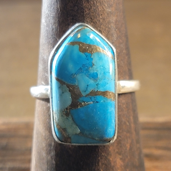 Vintage Jewelry - Native Copper Turquoise Gemstone Ring Size 8 925 Sterling Silver Boho